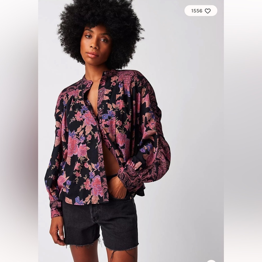 Free people feminine top floral button front relaxed flowy puff sleeves small